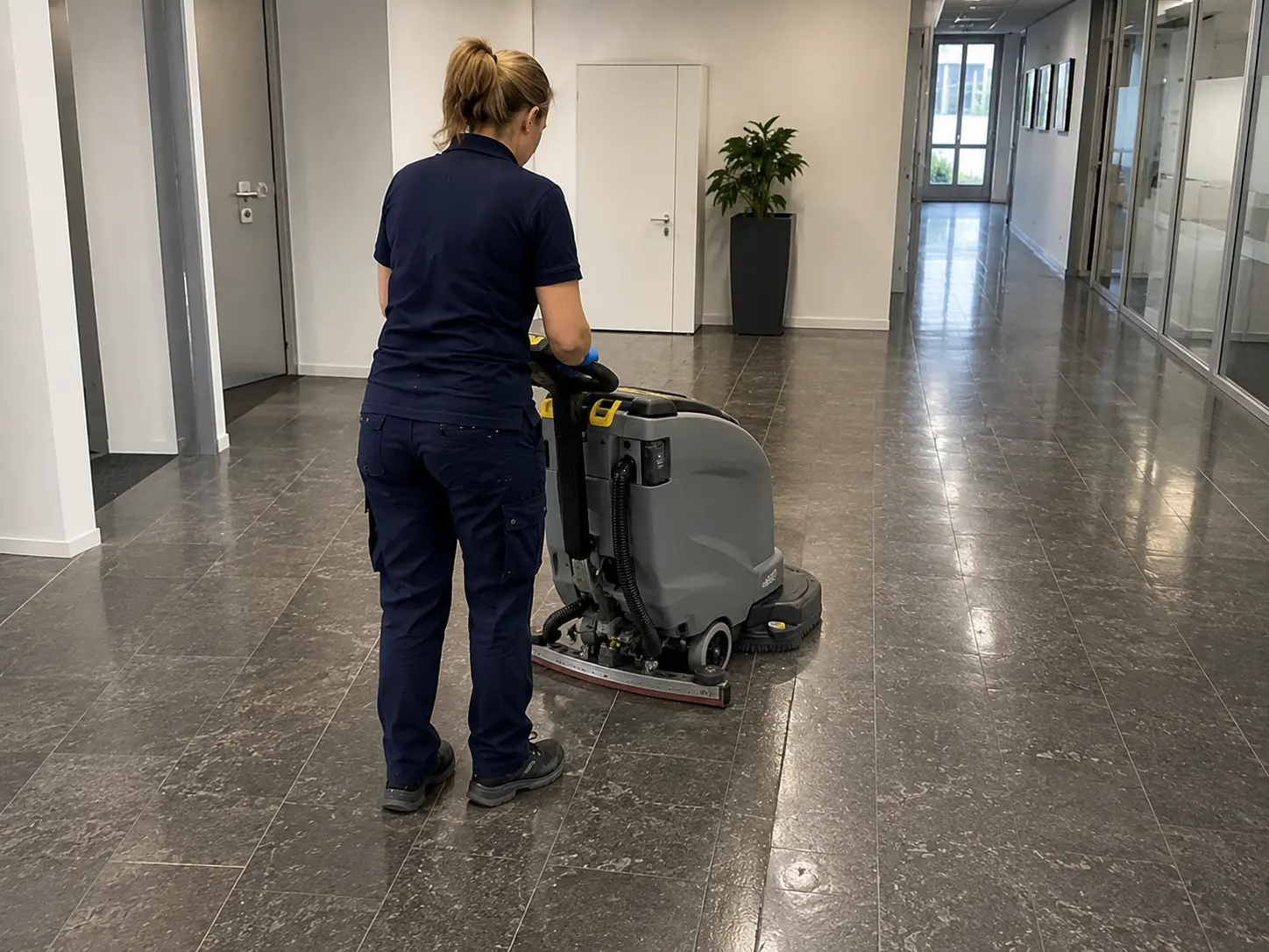 Hartböden maschinell reinigen mit Reinigungsmaschine im Korridor in Hagen