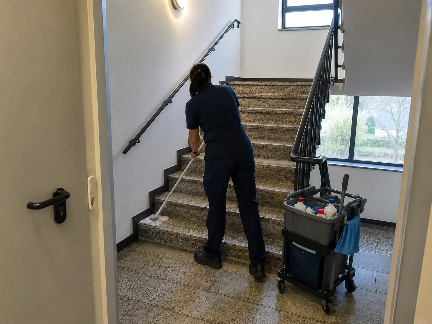 Treppenhausreinigung mit Wischmopp während der Reinigung in Hagen